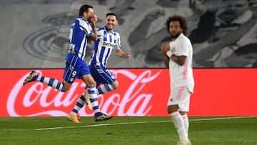 Joselu and Lucas P&eacute;rez celebrate after scoring their team&#039;s second goal against Real Madrid.  