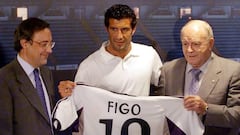 Florentino P&eacute;rez, Luis Figo y Di St&eacute;fano.