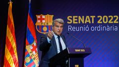 El presidente del FC Barcelona, Joan Laporta, informa de la situación de la entidad azulgrana este miércoles, durante la reunión ordinaria del senado del club.