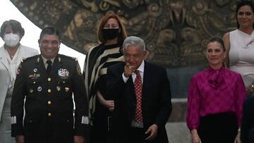 Mexican President Andres Manuel Lopez Obrador (L), his wife Beatriz Gutierrez (R) and Mexican Secretary of Defense, General Luis Cresencio Sandoval, attend the inauguration ceremony of the new General Felipe Angeles International Airport in Zumpango, Mexico State, Mexico, on March 21, 2022. (Photo by PEDRO PARDO / AFP) (Photo by PEDRO PARDO/AFP via Getty Images)
