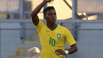 Rodrygo celebra un gol con Brasil en el Sudamericano Sub-20.