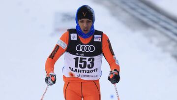 LAHTI, FINLAND - FEBRUARY 23: Adrian Solano of Venezuela eventually crosses the finish line in the Men's 1.6KM Cross Country Sprint qualification round on February 23, 2017 in Lahti, Finland. (Photo by Richard Heathcote/Getty Images)