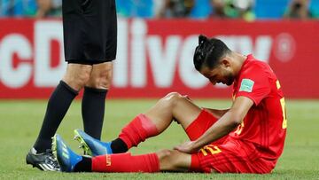 Soccer Football - World Cup - Quarter Final - Brazil vs Belgium - Kazan Arena, Kazan, Russia - July 6, 2018  Belgium&#039;s Nacer Chadli goes down suffering from cramp  REUTERS/Toru Hanai