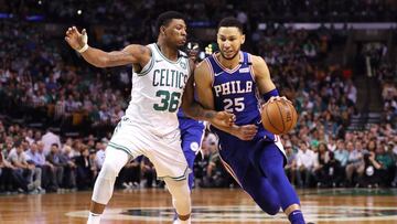 BOSTON, MA - MAY 3: Ben Simmons #25 of the Philadelphia 76ers drives against Marcus Smart #36 of the Boston Celtics during the first quarter of Game Two of the Eastern Conference Second Round of the 2018 NBA Playoffs at TD Garden on May 3, 2018 in Boston, Massachusetts.   Maddie Meyer/Getty Images/AFP
 == FOR NEWSPAPERS, INTERNET, TELCOS &amp; TELEVISION USE ONLY ==