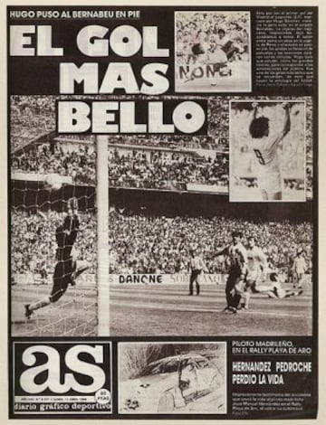 Hiugo Sanchez delights the Santiago Bernabeu crowd with a spectacular overhead strike against Logroñes in 1988. Cover date April 11 (88)