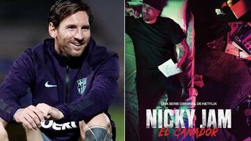 Im&aacute;genes de Lionel Messi sonriendo durante un entrenamiento y del cartel de la serie de Netflix sobre Nicky Jam, &quot;Nicky Jam: El Ganador&quot;.