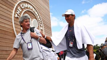 LONDON, ENGLAND - JUNE 30: Rafael Nadal of Spain (R) and Angel Ruiz Cotorro during a practice session ahead of The Championships - Wimbledon 2019 at All England Lawn Tennis and Croquet Club on June 30, 2019 in London, England. (Photo by Clive Brunskill/Ge