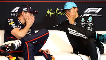 Verstappen y Russell, en una rueda de prensa del GP de Canadá de F1.