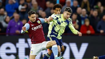 Soccer Football - Premier League - Aston Villa v Leeds United - Villa Park, Birmingham, Britain - January 13, 2023 Aston Villa's Alex Moreno in action with Leeds United's Marc Roca Action Images via Reuters/Andrew Boyers EDITORIAL USE ONLY. No use with unauthorized audio, video, data, fixture lists, club/league logos or 'live' services. Online in-match use limited to 75 images, no video emulation. No use in betting, games or single club /league/player publications.  Please contact your account representative for further details.