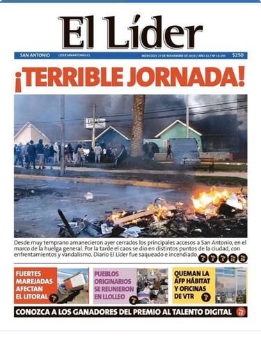 La portada de "El Líder", el diario incendiado en San Antonio