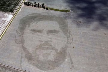Aerial view of a corn field displaying an image of Lionel Messi, in Ballesteros, Cordoba province, Argentina, on January 19, 2023.
