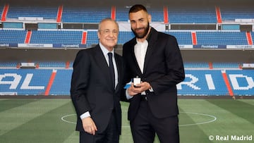 Florentino P¨¦rez hizo entrega de la insignia de oro y brillantes a Karim Benzema.