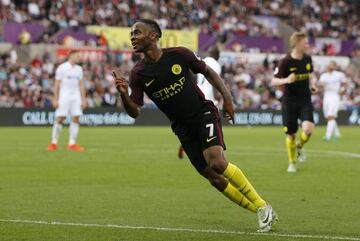 Sterling wheels away after hitting City's third.