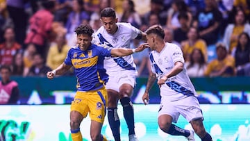 during the 14th round match between Puebla and Tigres UANL as part of the Liga BBVA MX, Torneo Clausura 2025 at Cuauhtemoc Stadium, on April 04, 2025 in Puebla, Puebla, Mexico.
