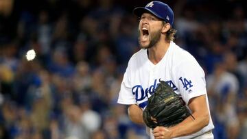 LOS ANGELES, CA - OCTOBER 05: Clayton Kershaw #22 of the Los Angeles Dodgers celebrates after retiring the side in the eighth inning against the Atlanta Braves during Game Two of the National League Division Series at Dodger Stadium on October 5, 2018 in 