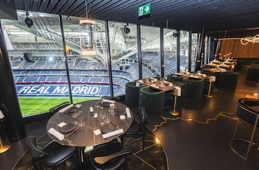 El salón principal de KŌ, con vistas al Santiago Bernabéu.
