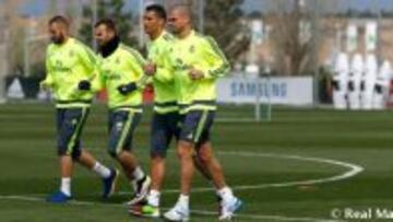Benzema, Jesé, Cristiano y pepe, en el entrenamiento.