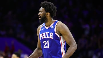 PHILADELPHIA, PENNSYLVANIA - APRIL 04: Joel Embiid #21 of the Philadelphia 76ers reacts during the fourth quarter against the Boston Celtics at Wells Fargo Center on April 04, 2023 in Philadelphia, Pennsylvania. NOTE TO USER: User expressly acknowledges and agrees that, by downloading and or using this photograph, User is consenting to the terms and conditions of the Getty Images License Agreement.   Tim Nwachukwu/Getty Images/AFP (Photo by Tim Nwachukwu / GETTY IMAGES NORTH AMERICA / Getty Images via AFP)