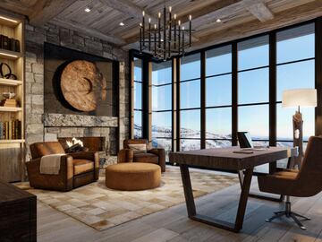 La casa tiene un amplio despacho y una sala de conferencias con baos privados para poder trabajar desde allí con toda la calidez del mundo: techos de madera recuperada y piedra de Montana cortada a mano. 