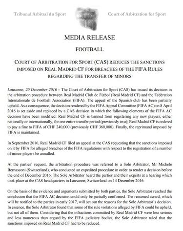 Real Madrid transfer ban reduced by CAS on appeal