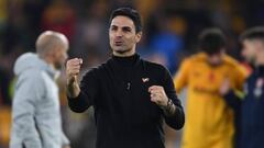 WOLVERHAMPTON, ENGLAND - NOVEMBER 12: Arsenal manager Mikel Arteta celebrates after the Premier League match between Wolverhampton Wanderers and Arsenal FC at Molineux on November 12, 2022 in Wolverhampton, England. (Photo by Stuart MacFarlane/Arsenal FC via Getty Images)