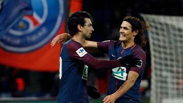 Paris Saint-Germain's Argentinian midfielder Javier Pastore (L) celebrates with Paris Saint-Germain's Uruguayan forward Edinson Cavani after scoring a goal during the French Cup round of 16 football match between Paris Saint-Germain (PSG) and G