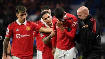 Soccer Football - Premier League - Chelsea v Manchester United - Stamford Bridge, London, Britain - October 22, 2022 Manchester United's Raphael Varane reacts after sustaining an injury REUTERS/Tony Obrien EDITORIAL USE ONLY. No use with unauthorized audio, video, data, fixture lists, club/league logos or 'live' services. Online in-match use limited to 75 images, no video emulation. No use in betting, games or single club /league/player publications. Please contact your account representative for further details.
