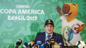 The president of the South American football's governing body Conmebol, Paraguayan Alejandro Dominguez, offers a press conference in Sao Paulo, Brazil on June 13, 2019 on the eve of the start of the Copa America football tournament. - The Copa America is to be held in Brazil from June 14 to July 7. (Photo by Miguel SCHINCARIOL / AFP)