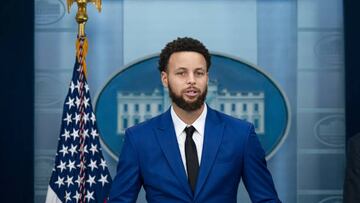 Stephen Curry, basketball player for the NBA's Golden State Warriors, speaks during a news conference in the James S. Brady Press Briefing Room at the White House in Washington, DC, US, on Tuesday, Jan. 17, 2023. President Biden is honoring the team to celebrate their 2022 NBA championship against the Boston Celtics. Photographer: Al Drago/Bloomberg via Getty Images