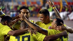 Jugadores de la Selecci&oacute;n Colombia celebrando uno de los goles de la victoria sobre China