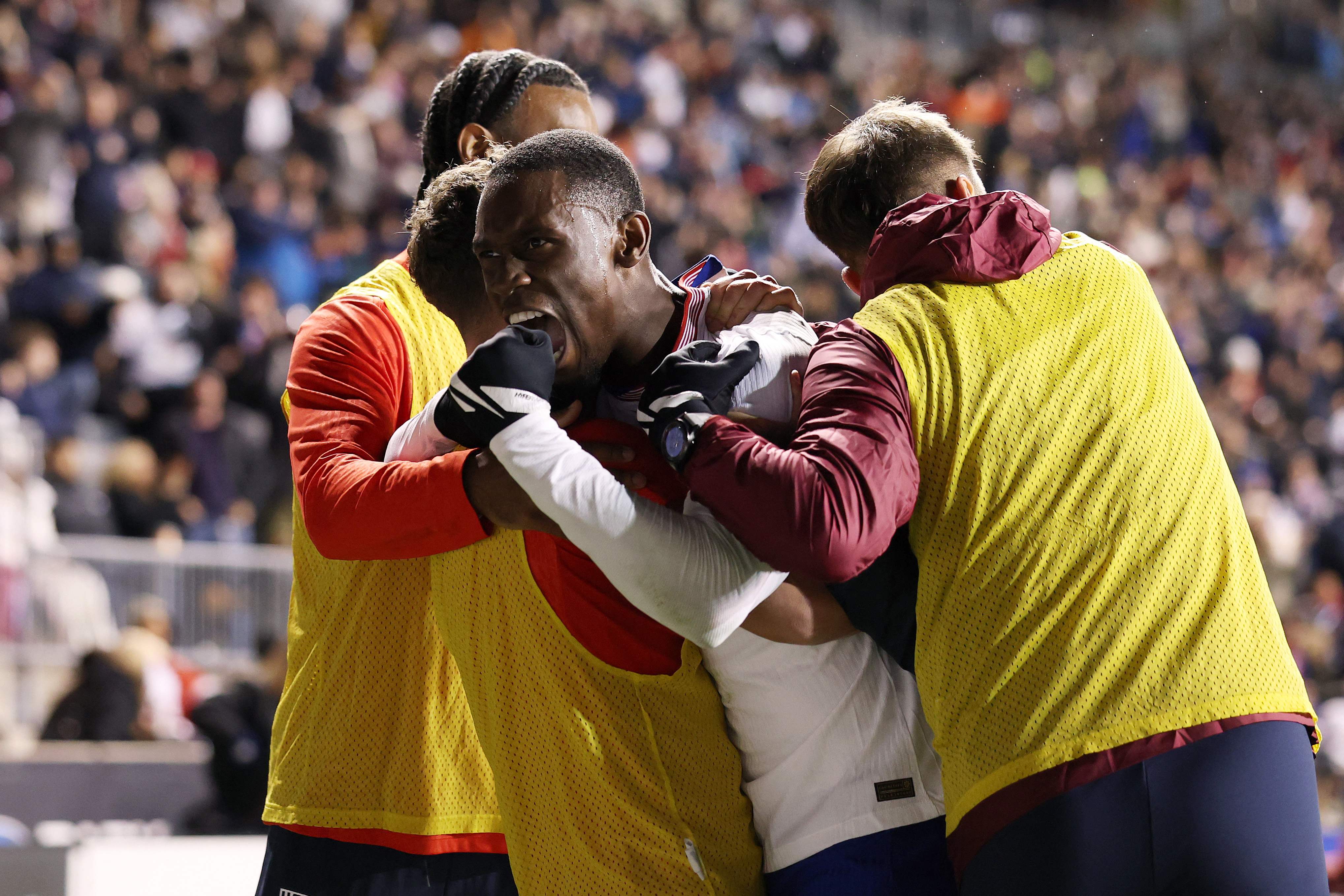 CHESTER, PENNSYLVANIA - NOVEMBER 15: Folarin Balogun #20 of United States celebrates his goal with teammates during the second half of an International Friendly against Paraguay at Subaru Park on November 15, 2025 in Chester, Pennsylvania.   Emilee Chinn/Getty Images/AFP (Photo by Emilee Chinn / GETTY IMAGES NORTH AMERICA / Getty Images via AFP)