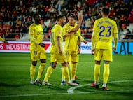 Brian Ocampo, Suso, Yussi Diarra y Álvaro García Pascual en el Municipal de Anduva en el encuentro que medía al Mirandés y al Cádiz CF en la jornada 30 de la Liga Hypermotion.