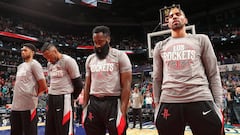 CHARLOTTE, NC - MARCH 7:  The Houston Rockets stand for the National Anthem prior to the game against the Charlotte Hornets on March 7, 2020 at Spectrum Center in Charlotte, North Carolina. NOTE TO USER: User expressly acknowledges and agrees that, by downloading and or using this photograph, User is consenting to the terms and conditions of the Getty Images License Agreement. Mandatory Copyright Notice: Copyright 2020 NBAE (Photo by Kent Smith/NBAE via Getty Images)