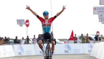 Lotto-DSTNY's Belgian cyclist Lennert Van Eetvelt reacts after winning the 7th and last stage of the 6th UAE Cycling Tour on February 25, 2024. (Photo by Giuseppe CACACE / AFP)