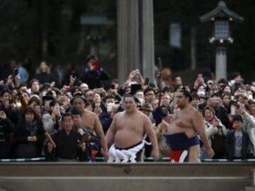 Los dos luchadores que compiten bajo los nombres de Yokozuna Kakuryu y Harumafuji son originarios de Mongolia. La ceremonia de ingreso al ring en la que se hace una ofrenda a los dioses sintoístas dura dos minutos.