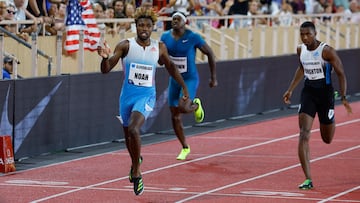 Noah Lyles cruza la meta victorioso en Mónaco.