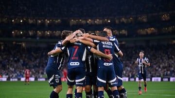 German Berterame celebrates his goal 3-1 of Monterrey during the Quarter-Final first leg match between Monterrey and Toluca as part of the Liga BBVA MX, Torneo Clausura 2025 at BBVA Bancomer Stadium on May 07, 2025 in Monterrey, Nuevo Leon, Mexico.