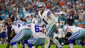 Dallas Cowboys quarterback Dak Prescott (4) reacts prior to a play against the Miami Dolphins.