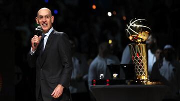 Adam Silver, commissioner of the NBA since February 1, 2014, opens the presentation of championship rings to the Denver Nuggets squad.