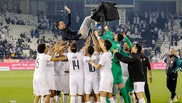 DOHA, QATAR - JANUARY 17: Al Sadd manager , Xavi Hernandez , is thrown in the air in celebration by his players after winning the Qatar Cup against Al Duhail at Jassim Bin Hamad Stadium on January 17, 2020 in Doha, Qatar. (Photo by Simon Holmes/Getty Ima