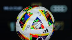 Dec 7, 2023; Columbus, OH, USA; A detail view of an Adidas soccer ball ahead of the 2023 MLS Cup Final between LAFC and the Columbus Crew at Lower.com Field. Mandatory Credit: John David Mercer-USA TODAY Sports