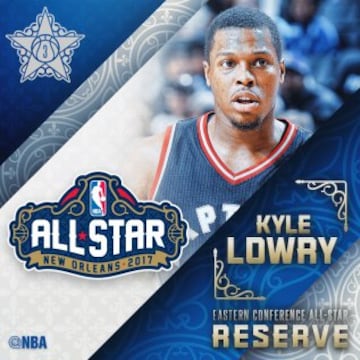 Kyle Lowry (Toronto Raptors). Titular los dos últimos All Star, el primero de ellos con la ayuda de Justin Bieber (el cantante pidió el apoyo de sus seguidores y estos metieron a Lowry y dejaron fuera a Wade). Este curso promedia su mejor anotación de siempre (22,4 tantos), a los que añade 6,9 asistencias y 1,6 robos.