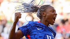 (FILES) France's striker Kadidiatou Diani celebrates after scoring her team first goal during the UEFA Women's Euro 2022 Group D football match between France and Belgium at New York Stadium in Rotherham, northern England on July 14, 2022. Kadidiatou Diani, D1's top scorer, has signed a four-year contract with Lyon, the Rhone club announced on August 2, 2023. The French striker, currently in Australia for the World Cup with the French national team, announced earlier this month that she would be leaving PSG after six years in the French capital. (Photo by FRANCK FIFE / AFP) / No use as moving pictures or quasi-video streaming. 
Photos must therefore be posted with an interval of at least 20 seconds.