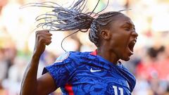 (FILES) France's striker Kadidiatou Diani celebrates after scoring her team first goal during the UEFA Women's Euro 2022 Group D football match between France and Belgium at New York Stadium in Rotherham, northern England on July 14, 2022. Kadidiatou Diani, D1's top scorer, has signed a four-year contract with Lyon, the Rhone club announced on August 2, 2023. The French striker, currently in Australia for the World Cup with the French national team, announced earlier this month that she would be leaving PSG after six years in the French capital. (Photo by FRANCK FIFE / AFP) / No use as moving pictures or quasi-video streaming. 
Photos must therefore be posted with an interval of at least 20 seconds.