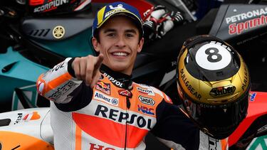(FILES) In this file photo taken on November 17, 2019 Repsol Honda Team's Spanish rider Marc Marquez celebrates after winning the MotoGP race of the MotoGP Valencia Grand Prix at the Ricardo Tormo racetrack in Cheste near Valencia. - The Spanish dominance