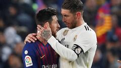 Soccer Football - Copa del Rey - Semi Final First Leg - FC Barcelona v Real Madrid - Camp Nou, Barcelona, Spain - February 6, 2019  Barcelona&#039;s Lionel Messi and Real Madrid&#039;s Sergio Ramos after the match         REUTERS/Albert Gea
