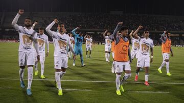 Jugadores de los Pumas festejan con su afición después del partido contra el New England Revolution
