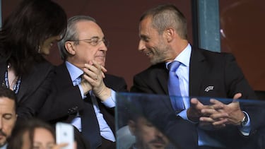 Real Madrid President Florentino Perez (left) and UEFA President Aleksander Ceferin in the stands Real Madrid v Atletico Madrid - UEFA European Super Cup - Lillekula Stadium 15-08-2018 . (Photo by Mike Egerton/PA Images via Getty Images)