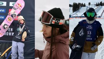 Queralt Castellet celebrando su bronce en los Mundiales FIS de Snowboard de Aspen 2021 en el podio, con la tabla de snowboard; Maria Hidalgo mirando hacia la izquierda en la nieve; y Josito Aragon posando para la cámara ante el halfpipe de Aspen (C