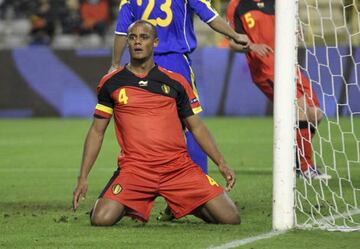 Vincent Kompany reacts after missing a scoring chance against Kazakhstan during their Euro 2012 Group A qualifying soccer match at the King Baudouin stadium in Brussels October 7, 2011.